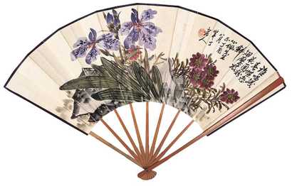 陈半丁 田毓璠 丁酉（1957年）作 花卉图 行书 成扇
